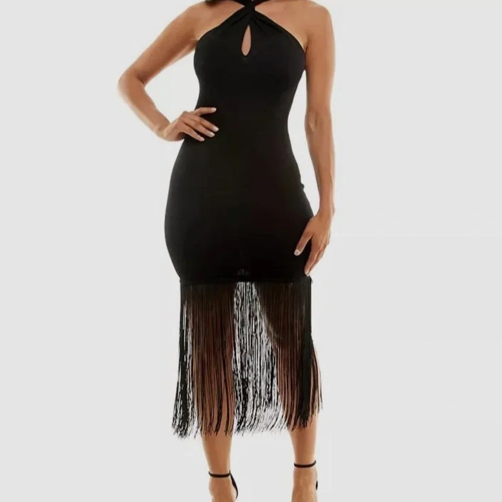 bebe Black Halter Midi Dress with Fringe - Picture 1 of 8